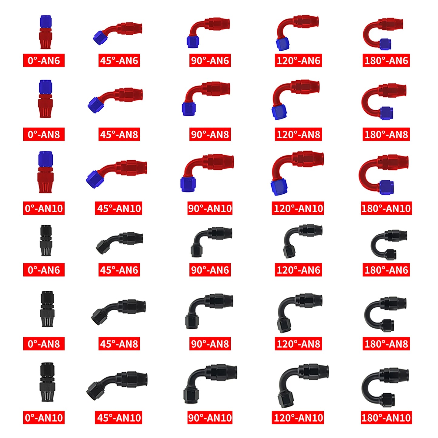 PTFE AN6/8/10 Swivel Hose Ends 0/45/90/120°Anodized Aluminum Reusable Fittings with FKM Seals for Oil Fuel Lines Red/Black