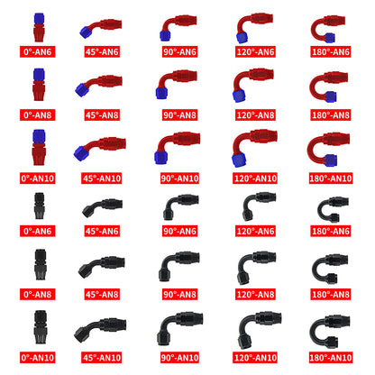 PTFE AN6/8/10 Swivel Hose Ends 0/45/90/120°Anodized Aluminum Reusable Fittings with FKM Seals for Oil Fuel Lines Red/Black