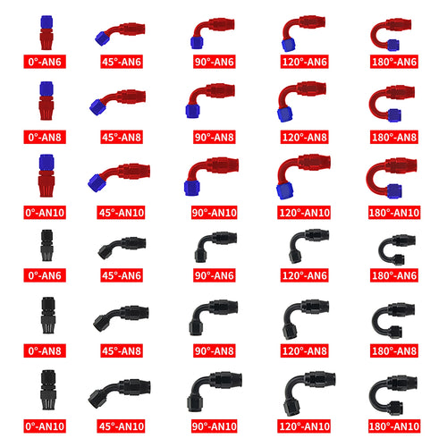 PTFE AN6/8/10 Swivel Hose Ends 0/45/90/120°Anodized Aluminum Reusable Fittings with FKM Seals for Oil Fuel Lines Red/Black